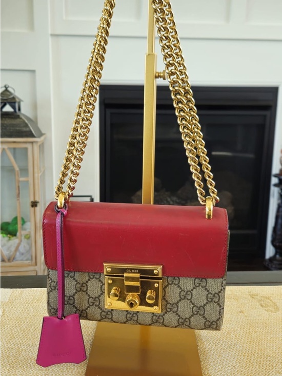 Gucci Handbags - Gucci Red and Beige GG Chain Small Padlock Shoulder Bag